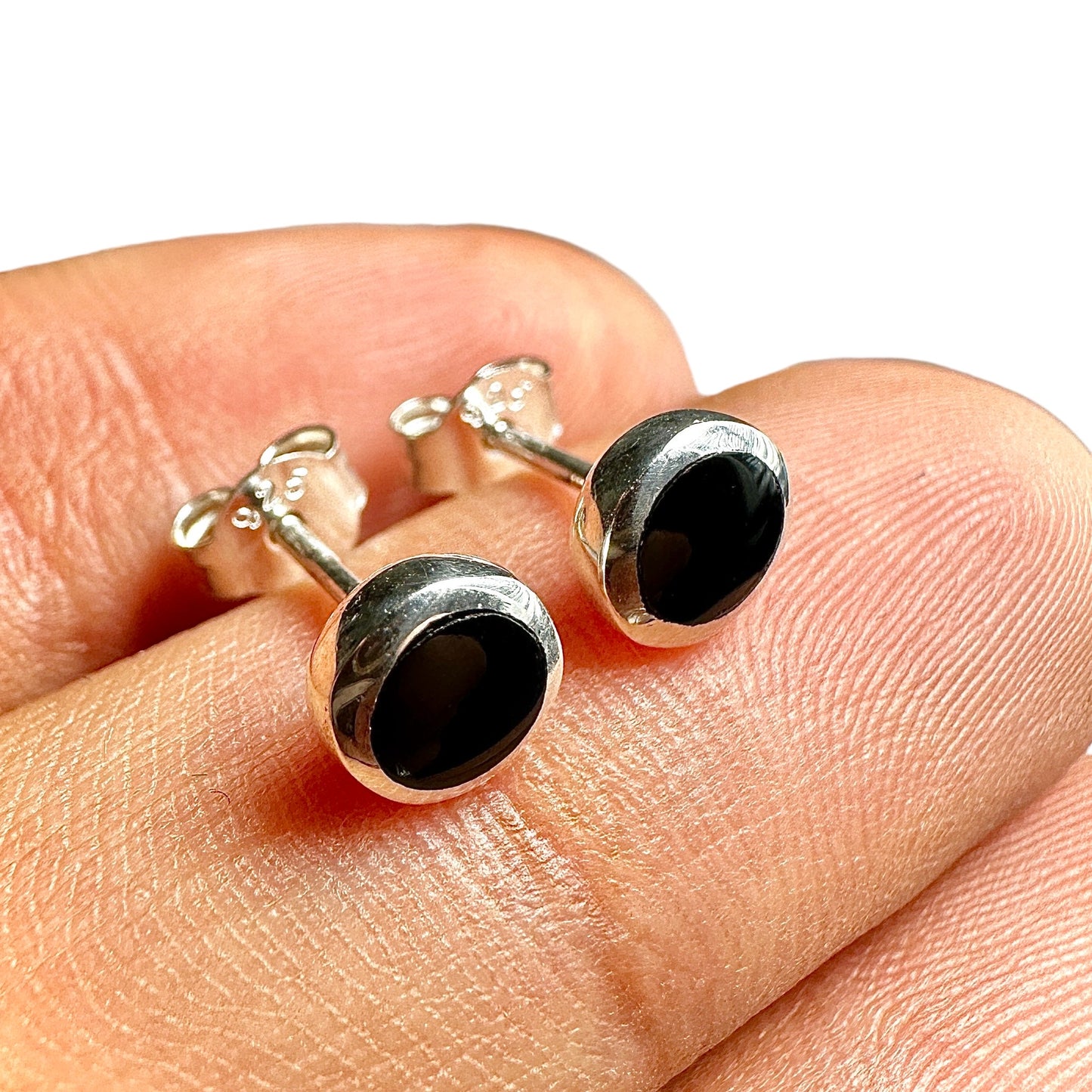 6mm Black Agate Stud Earrings — 925 Sterling Silver Minimalist Studs