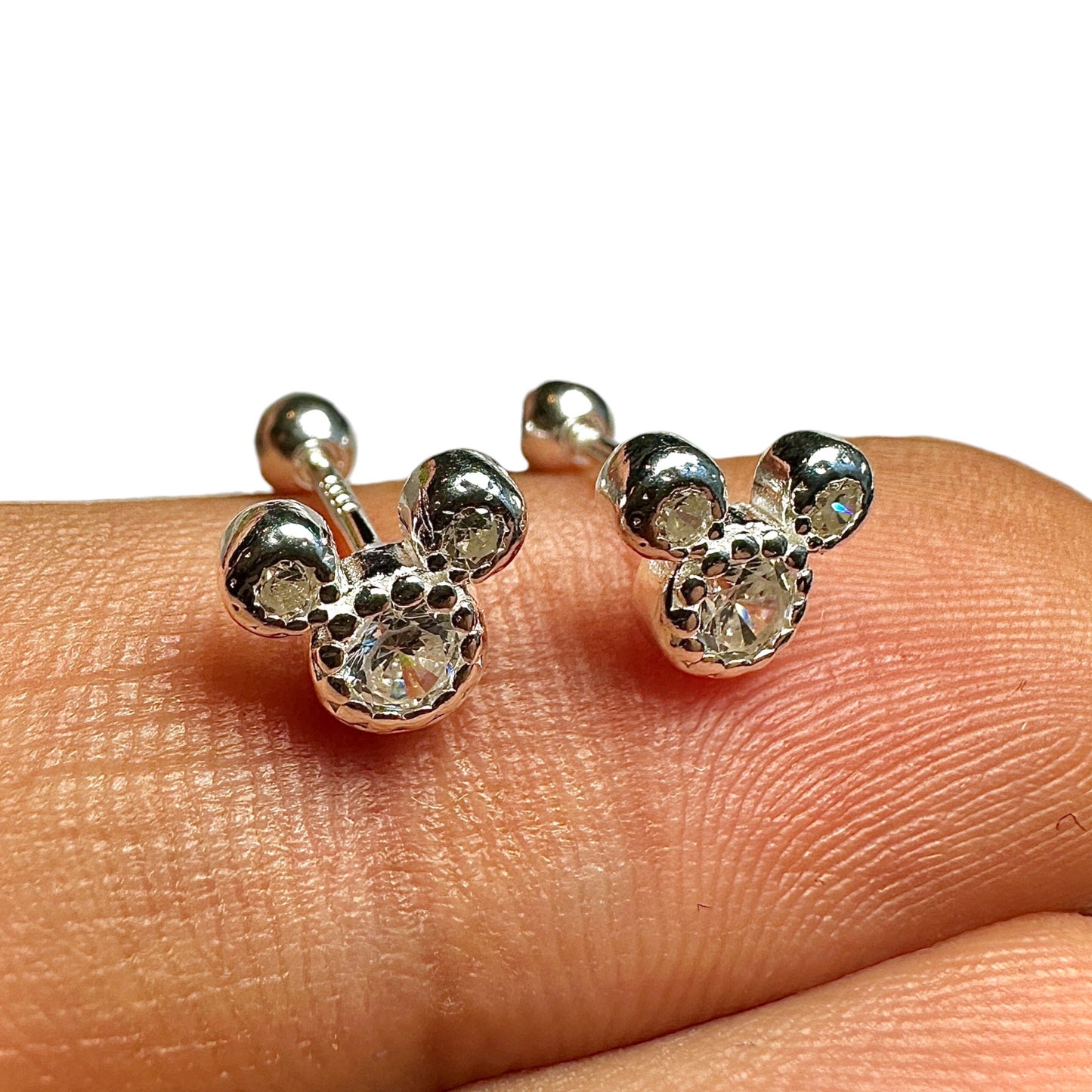 Sterling Silver CZ Stud Earrings Cute Mouse Head Sparkly Silver Studs