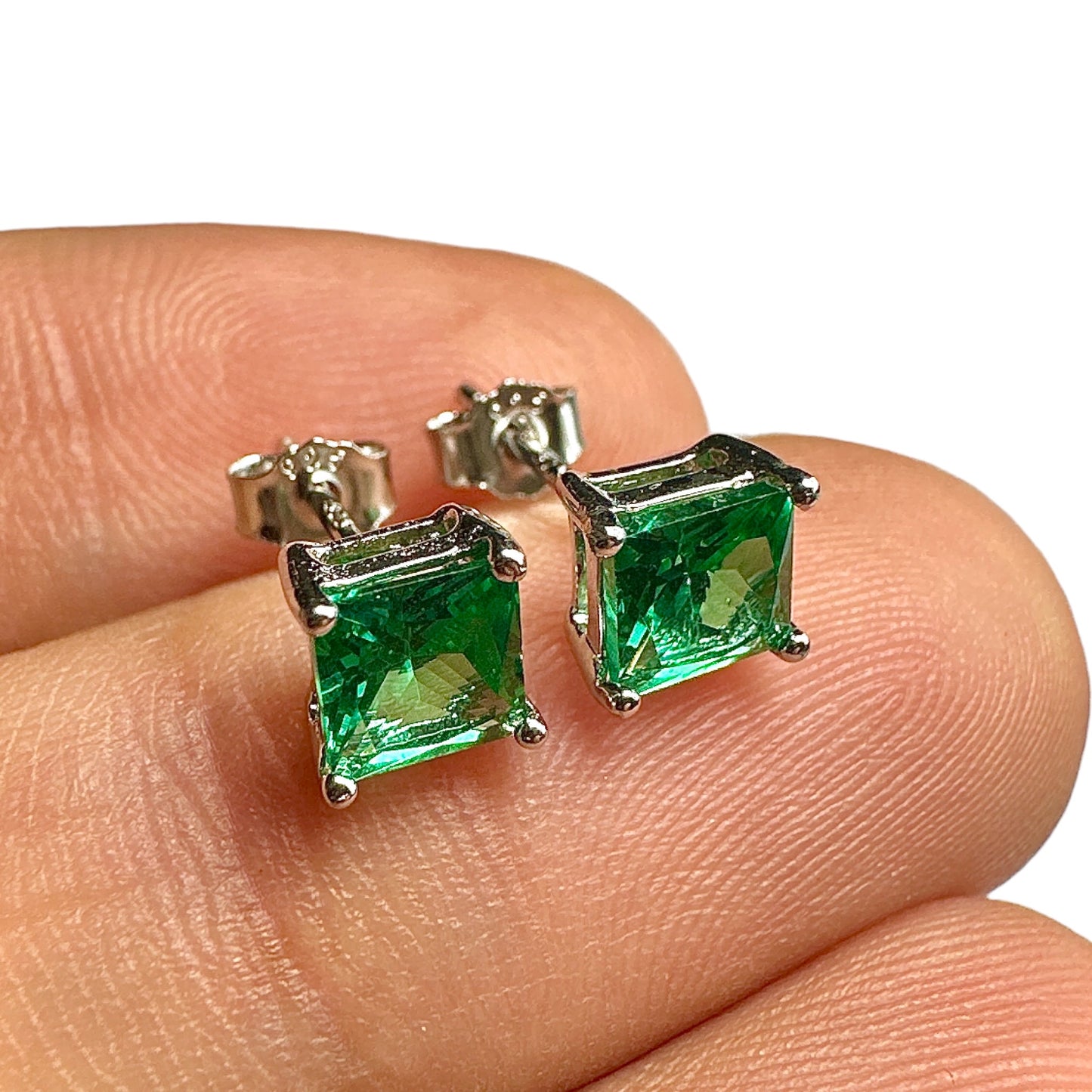 5mm Emerald CZ Stud Earrings — 925 Sterling Silver Square Princess Cut