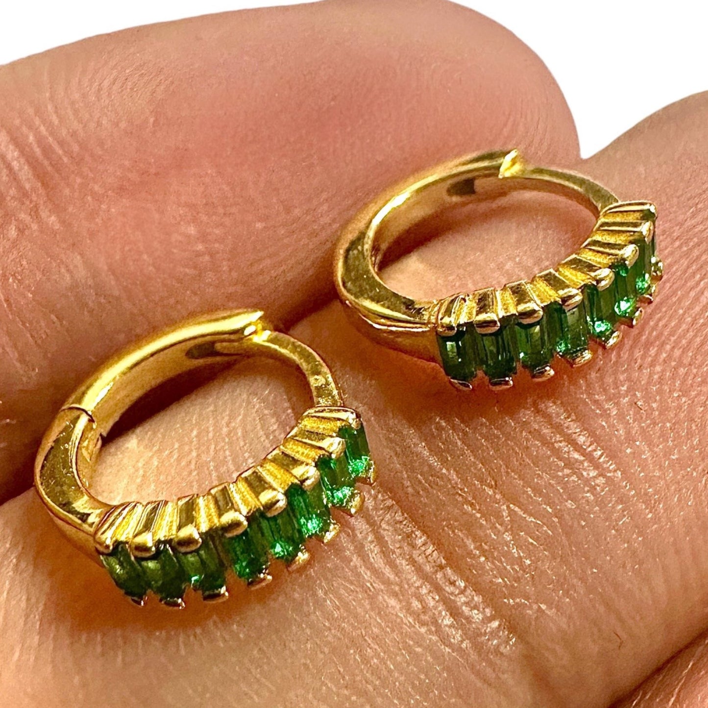 Emerald CZ Huggie Earrings Gold Plated 925 Sterling Silver