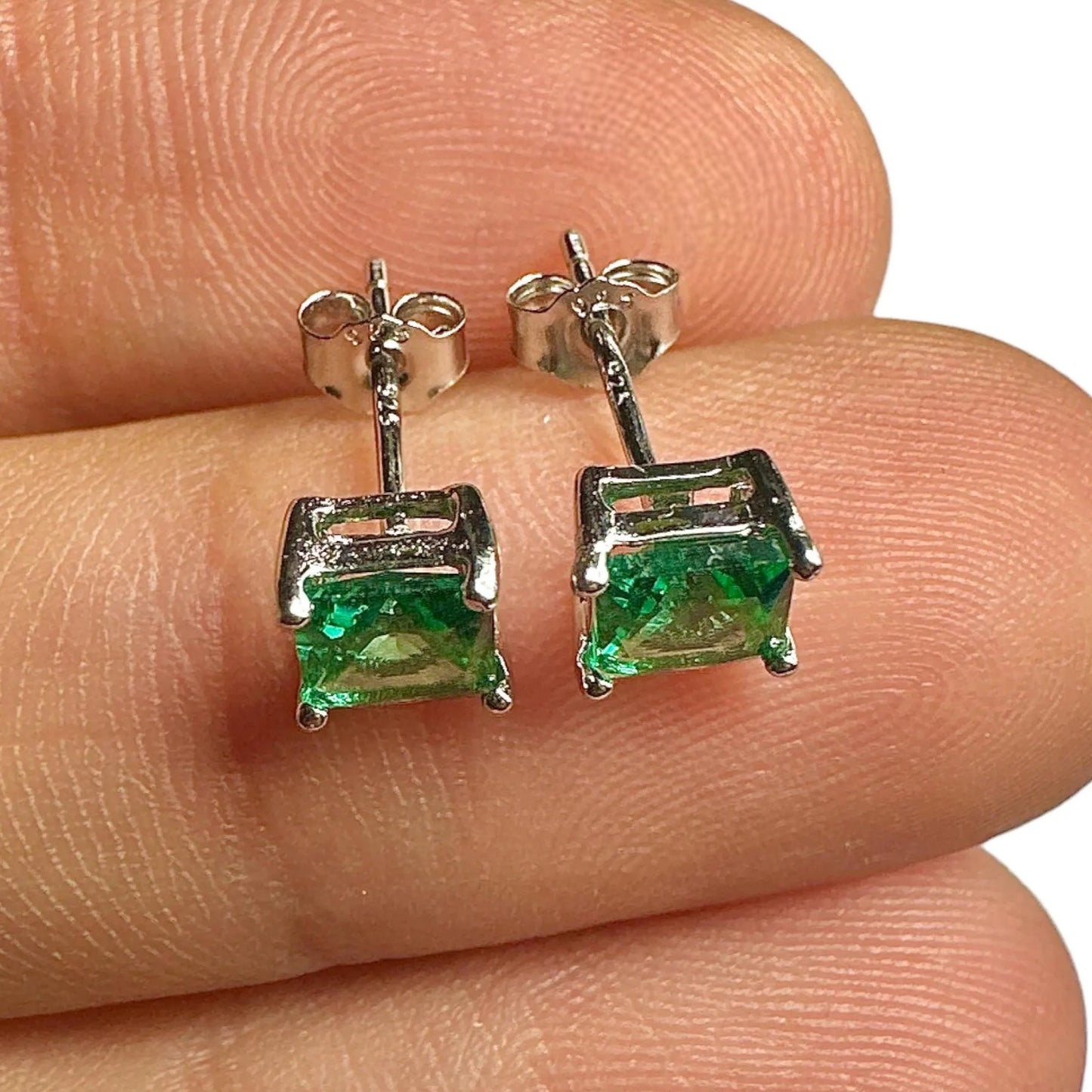 5mm Emerald CZ Stud Earrings — 925 Sterling Silver Square Princess Cut