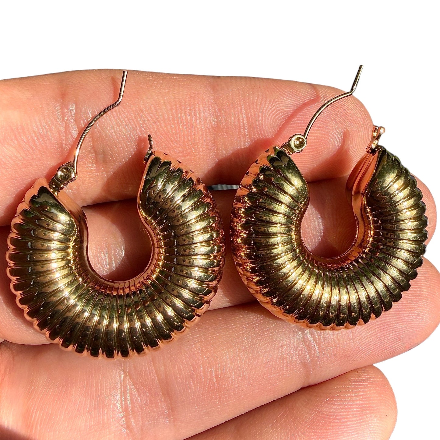 Gold Hoop Earrings 30mm Chunky Ribbed Round Hoops
