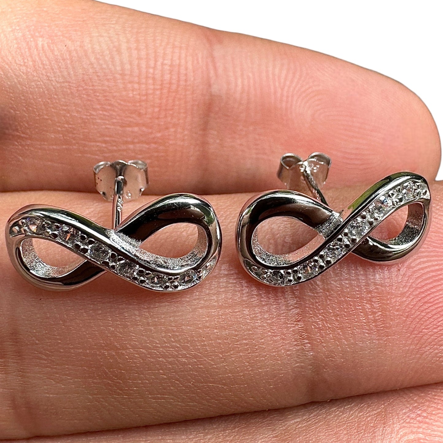 Infinity Stud Earrings 11mm 925 Sterling Silver Clear CZ
