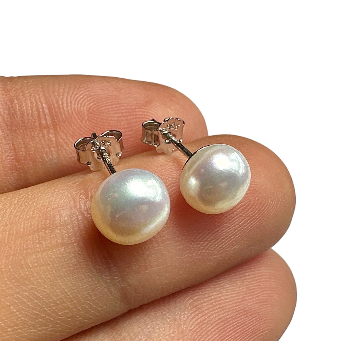 8mm Pearl Stud Earrings — Freshwater Pearl 925 Sterling Silver Rhodium Plated
