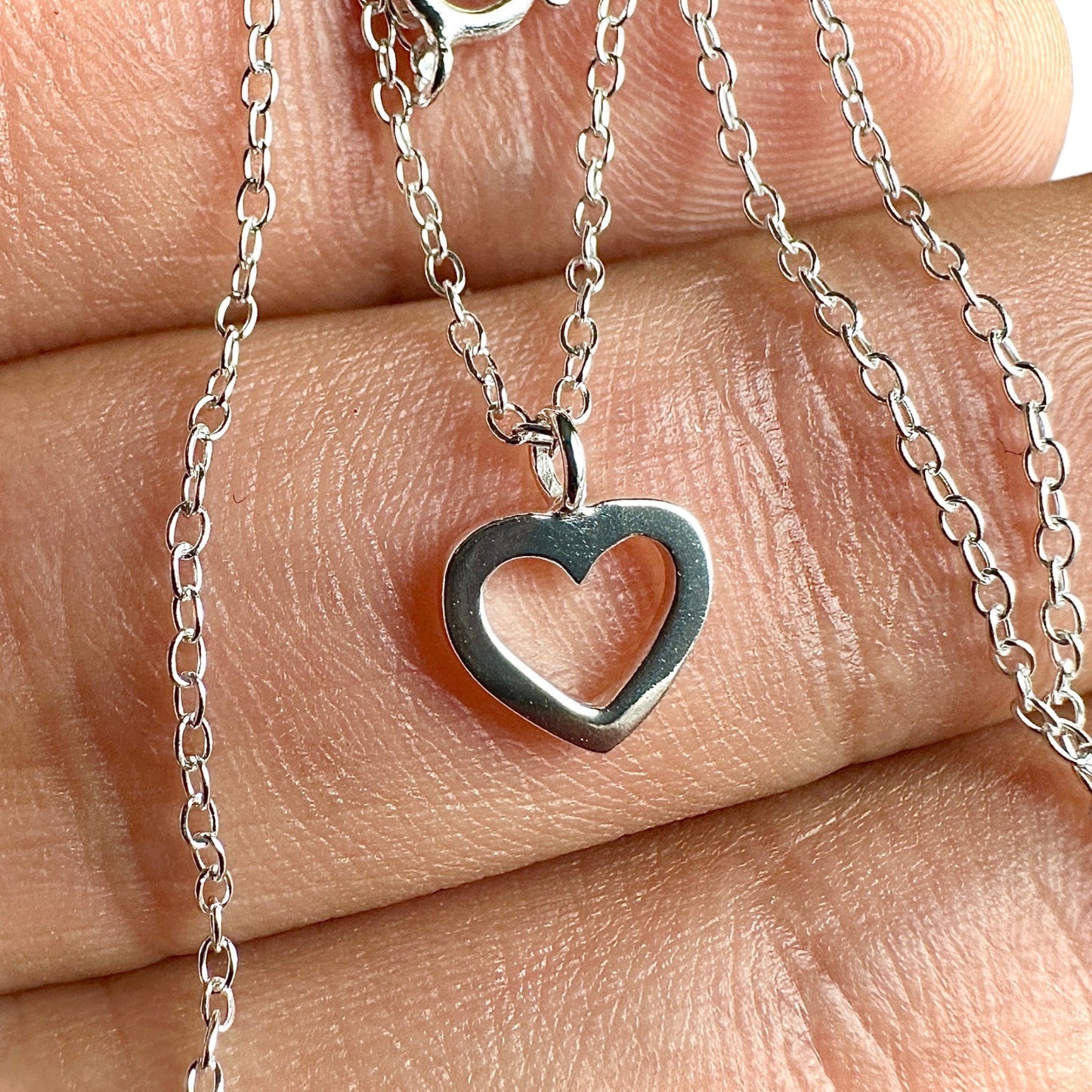 Sterling Silver Heart Necklace 18 Inch Open Heart Pendant