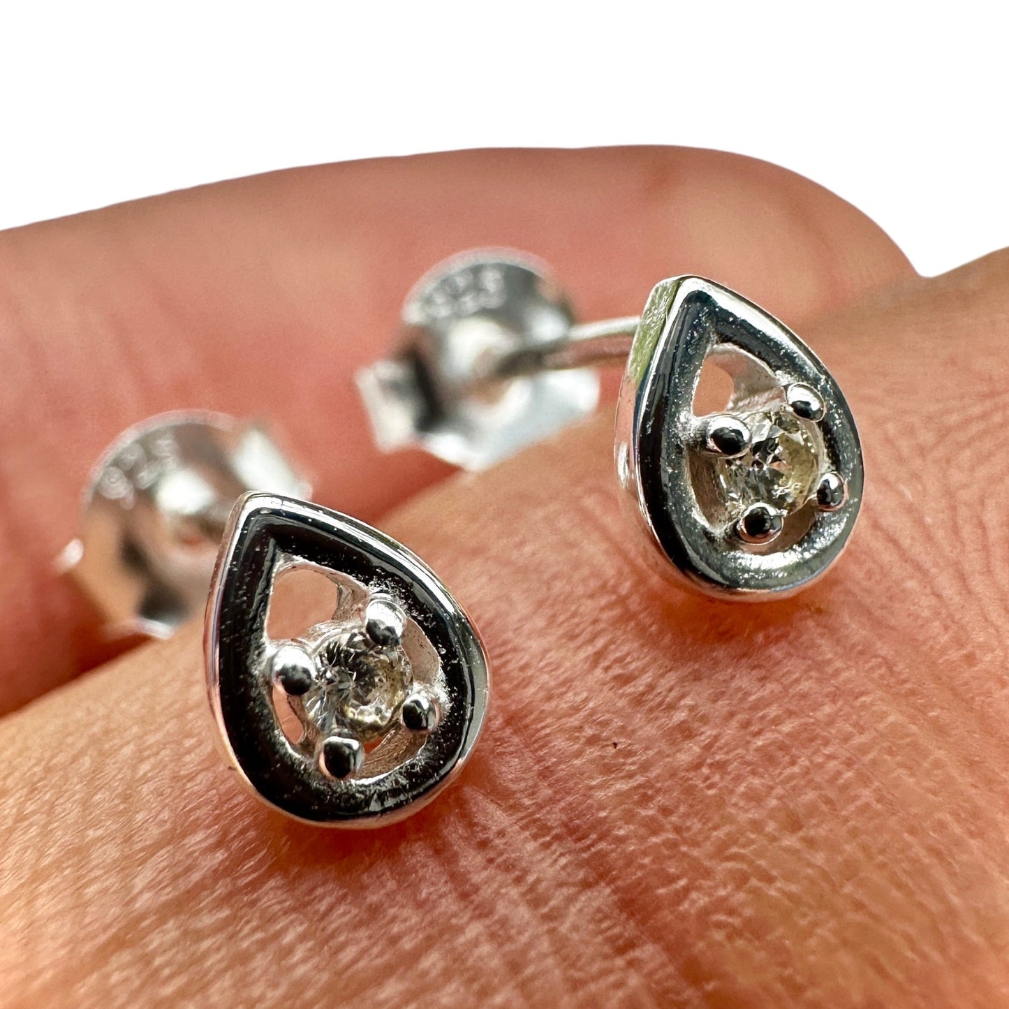 Silver Stud Earrings 925 Sterling Silver CZ Teardrop Minimalist