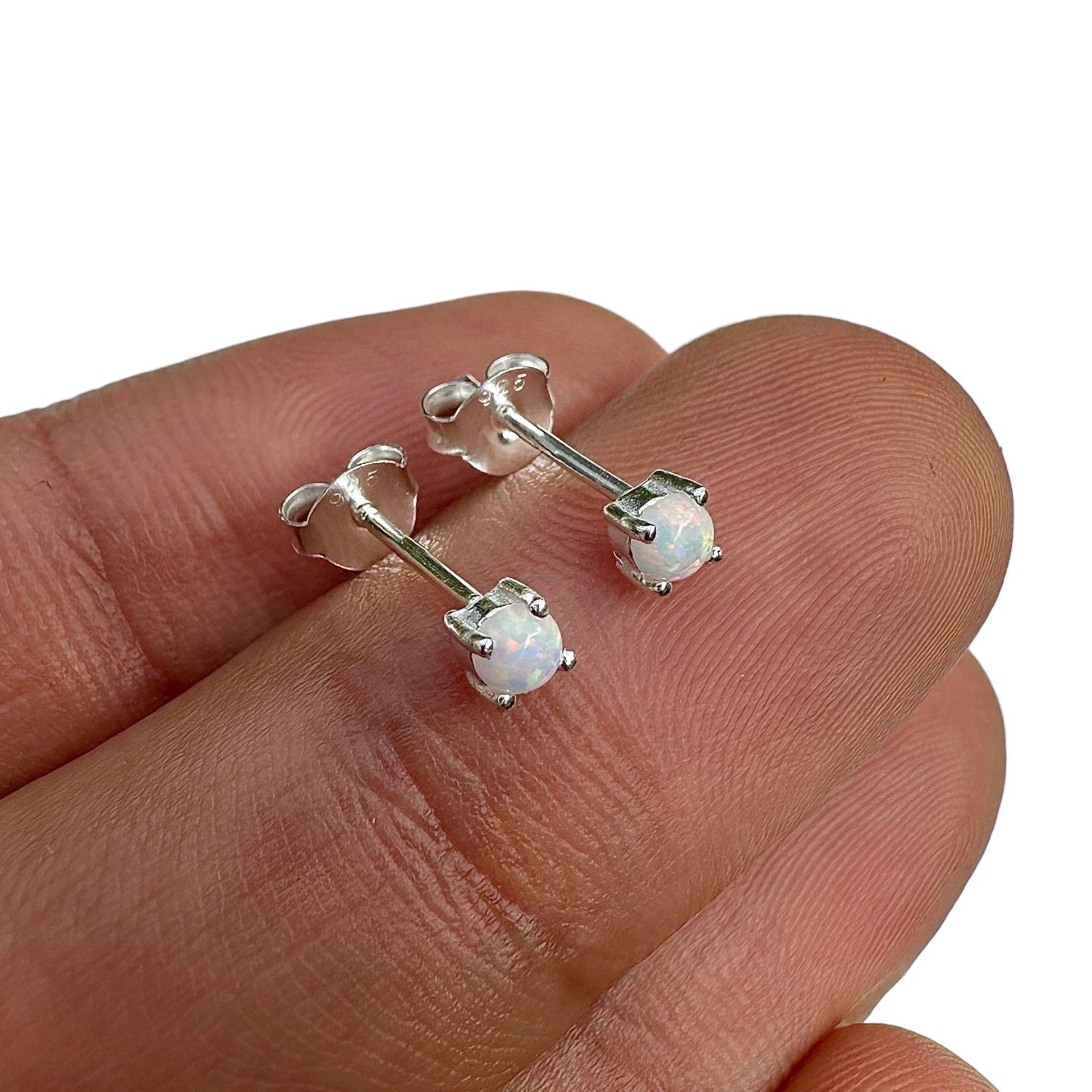 925 Sterling Silver Opal Stud Earrings 3mm Tiny Lab Opal Studs