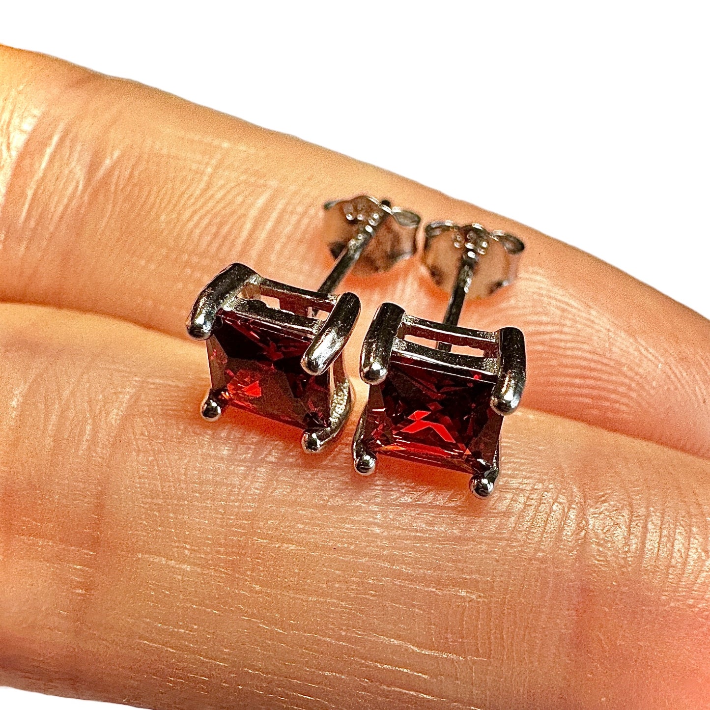 Garnet Stud Earrings 925 Sterling Silver — 5mm Square Princess Cut CZ