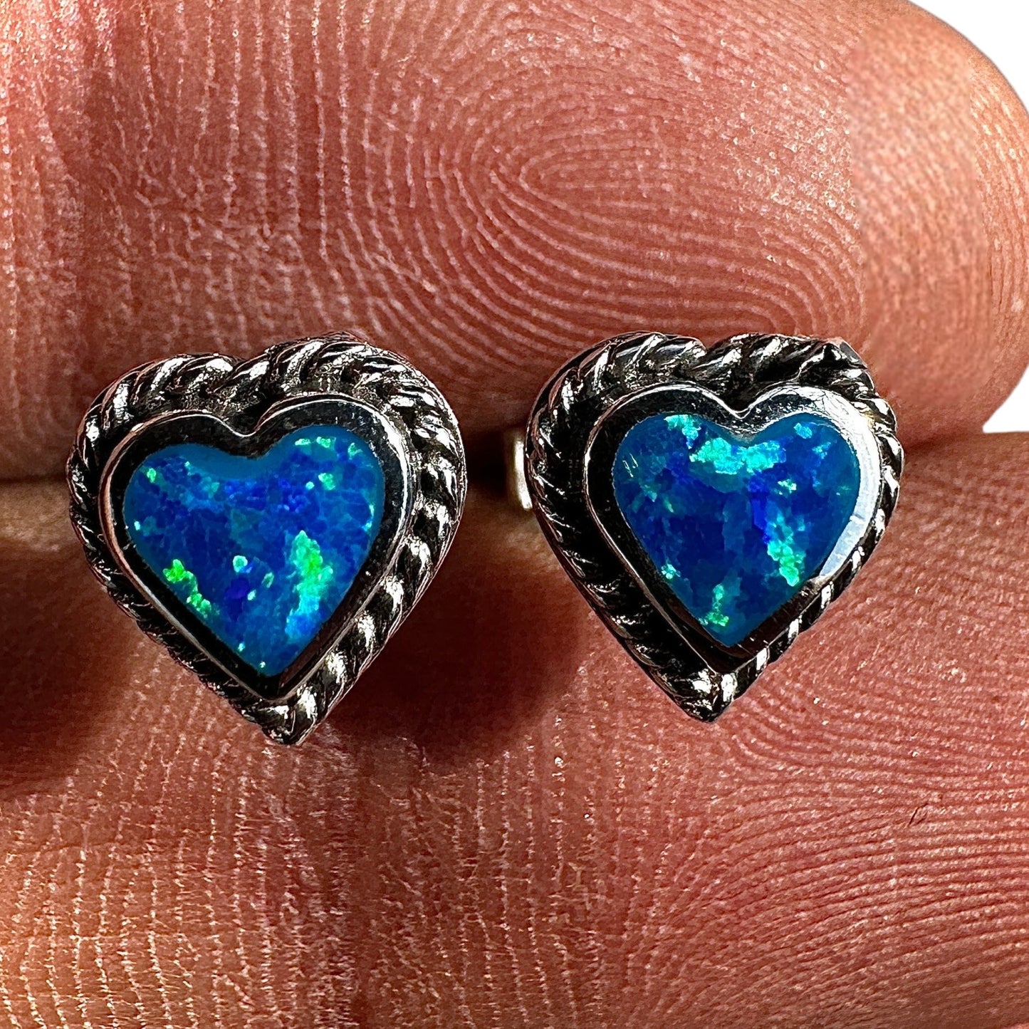 Blue Opal Heart Stud Earrings Sterling Silver 8.2mm