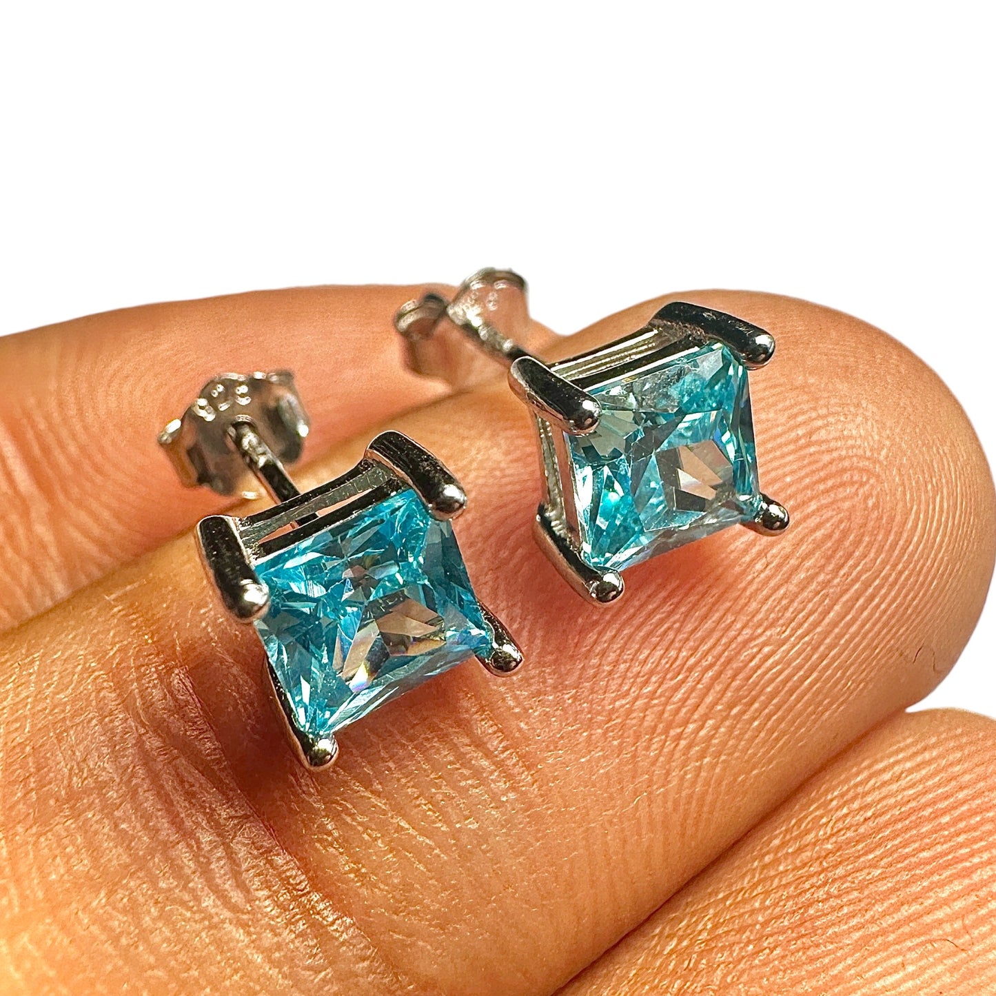 Aquamarine CZ Stud Earrings 925 Sterling Silver — 5mm Square Princess Cut