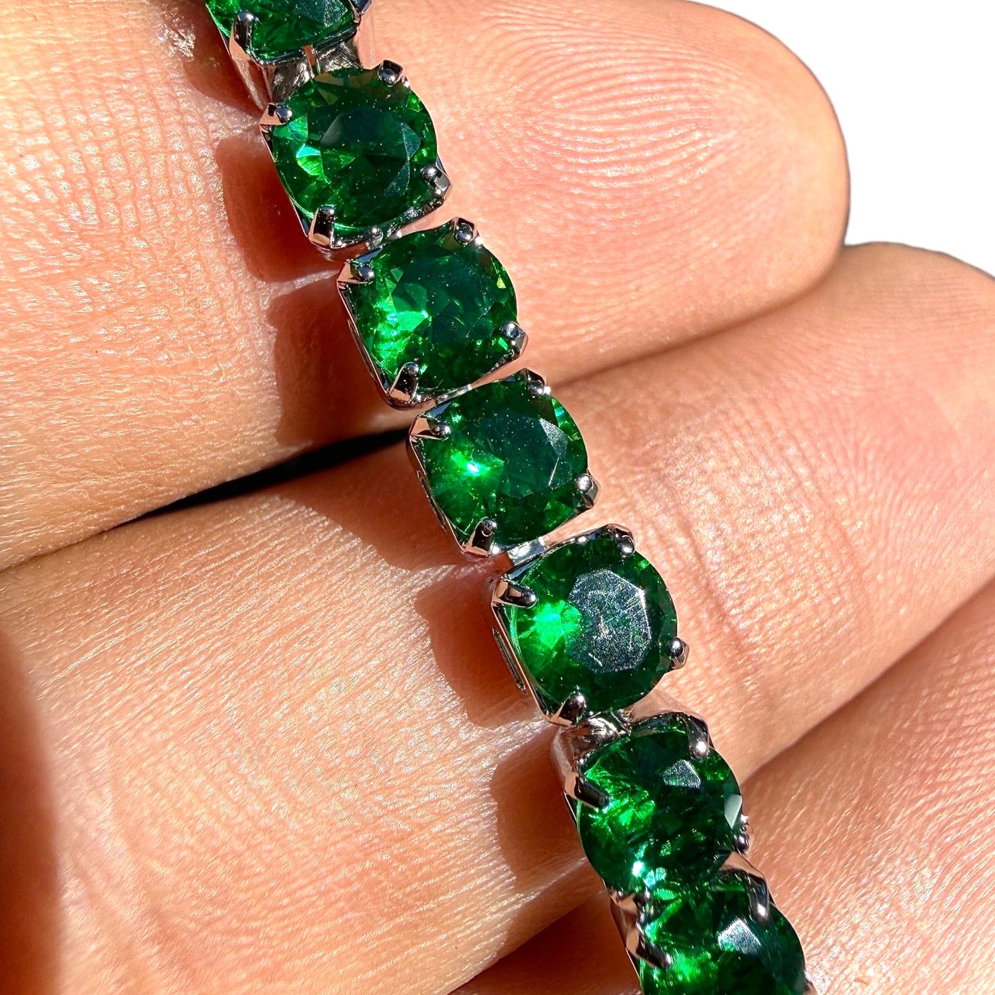 Green Tennis Bracelet Silver Plated 6.7 Inch or 7.5 Inch