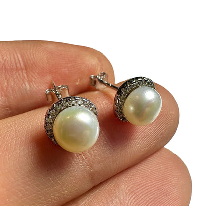 Pearl Stud Earrings 925 Sterling Silver 9mm Halo Faux Pearl Elegant Gift