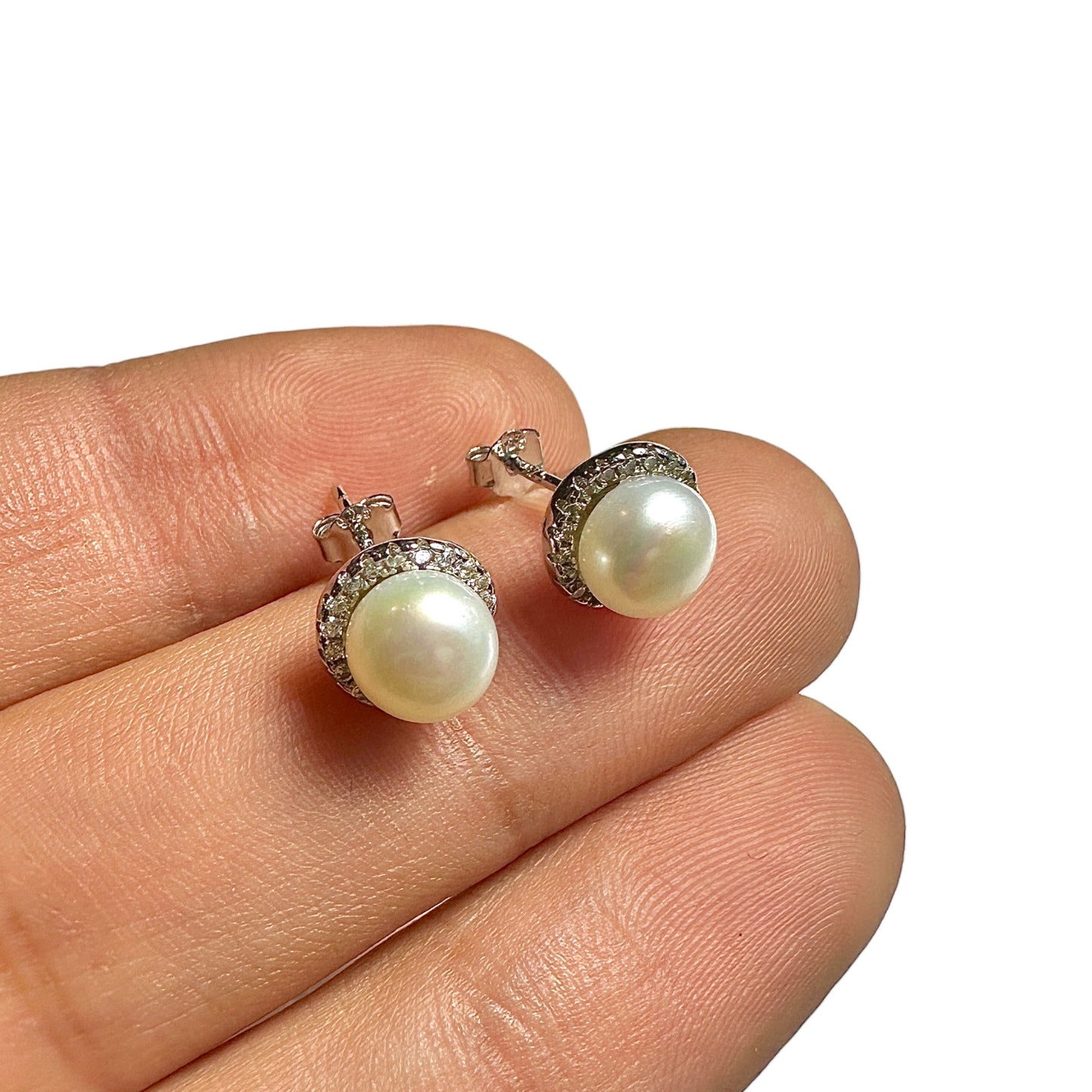 Pearl Stud Earrings 925 Sterling Silver 9mm Halo Faux Pearl Elegant Gift