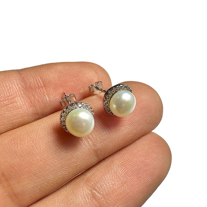 Pearl Stud Earrings 925 Sterling Silver 9mm Halo Faux Pearl Elegant Gift