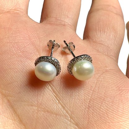Pearl Stud Earrings 925 Sterling Silver 9mm Halo Faux Pearl Elegant Gift