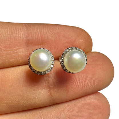 Pearl Stud Earrings 925 Sterling Silver 9mm Halo Faux Pearl Elegant Gift