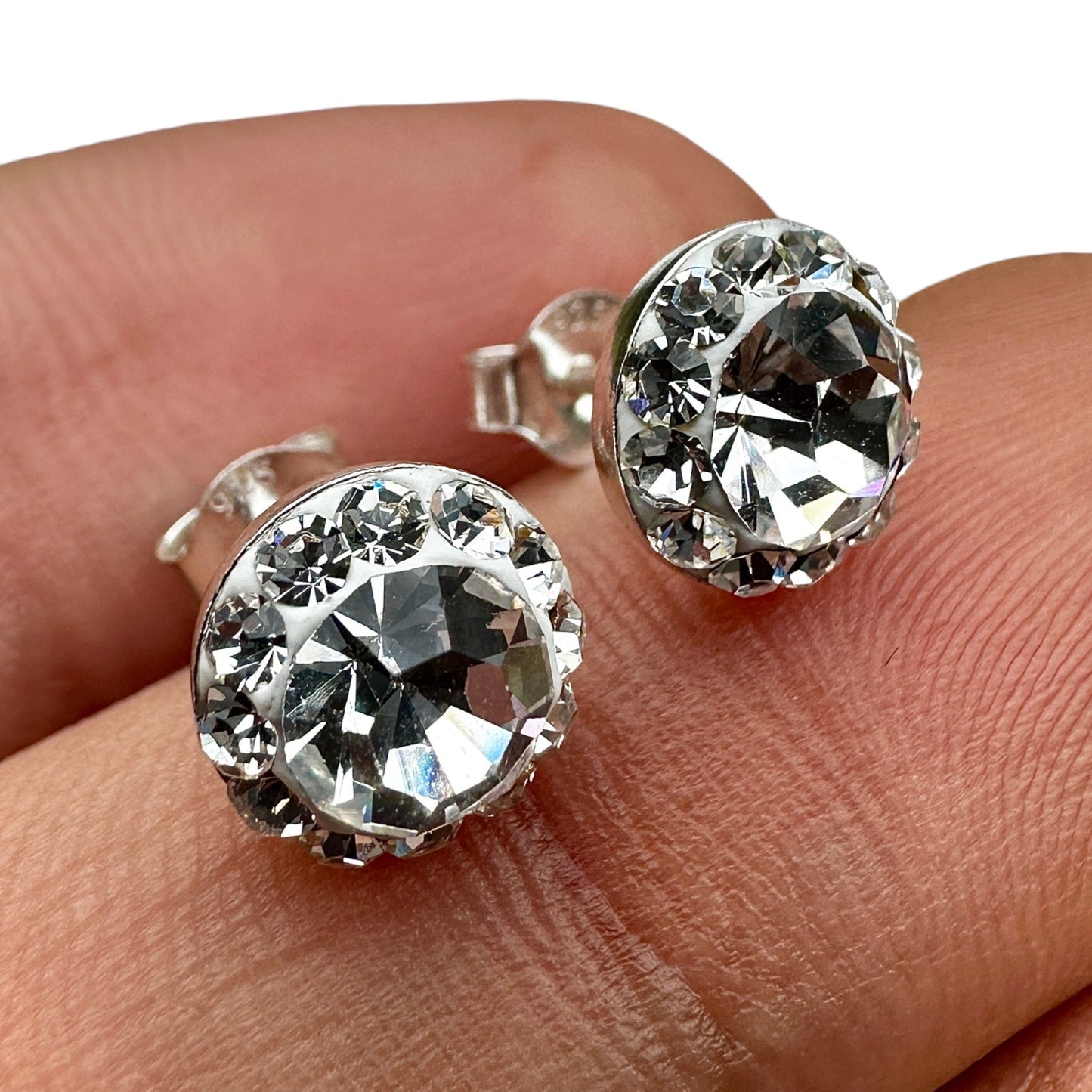 Sterling Silver Stud  Earrings 925 Crystal Halo Round Stud Earrings