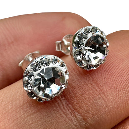 Sterling Silver Stud  Earrings 925 Crystal Halo Round Stud Earrings