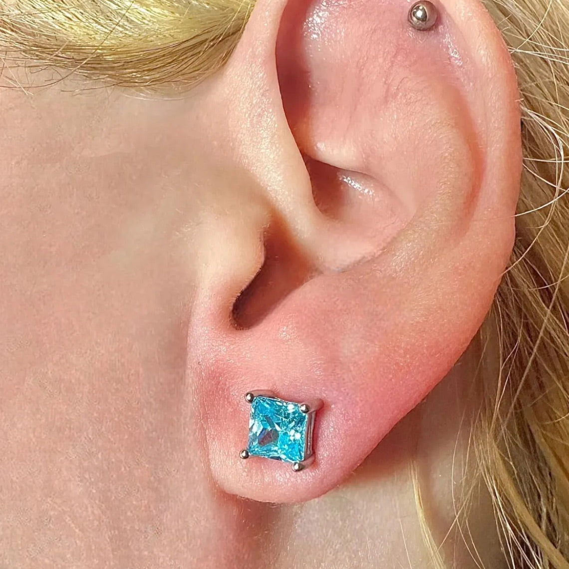 Aquamarine Stud Earrings 5mm 925 Sterling Silver Princess Cut