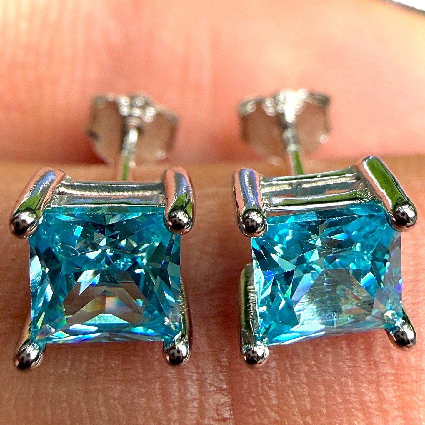 Aquamarine Stud Earrings 5mm 925 Sterling Silver Princess Cut