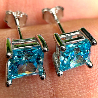 Aquamarine Stud Earrings 5mm 925 Sterling Silver Princess Cut