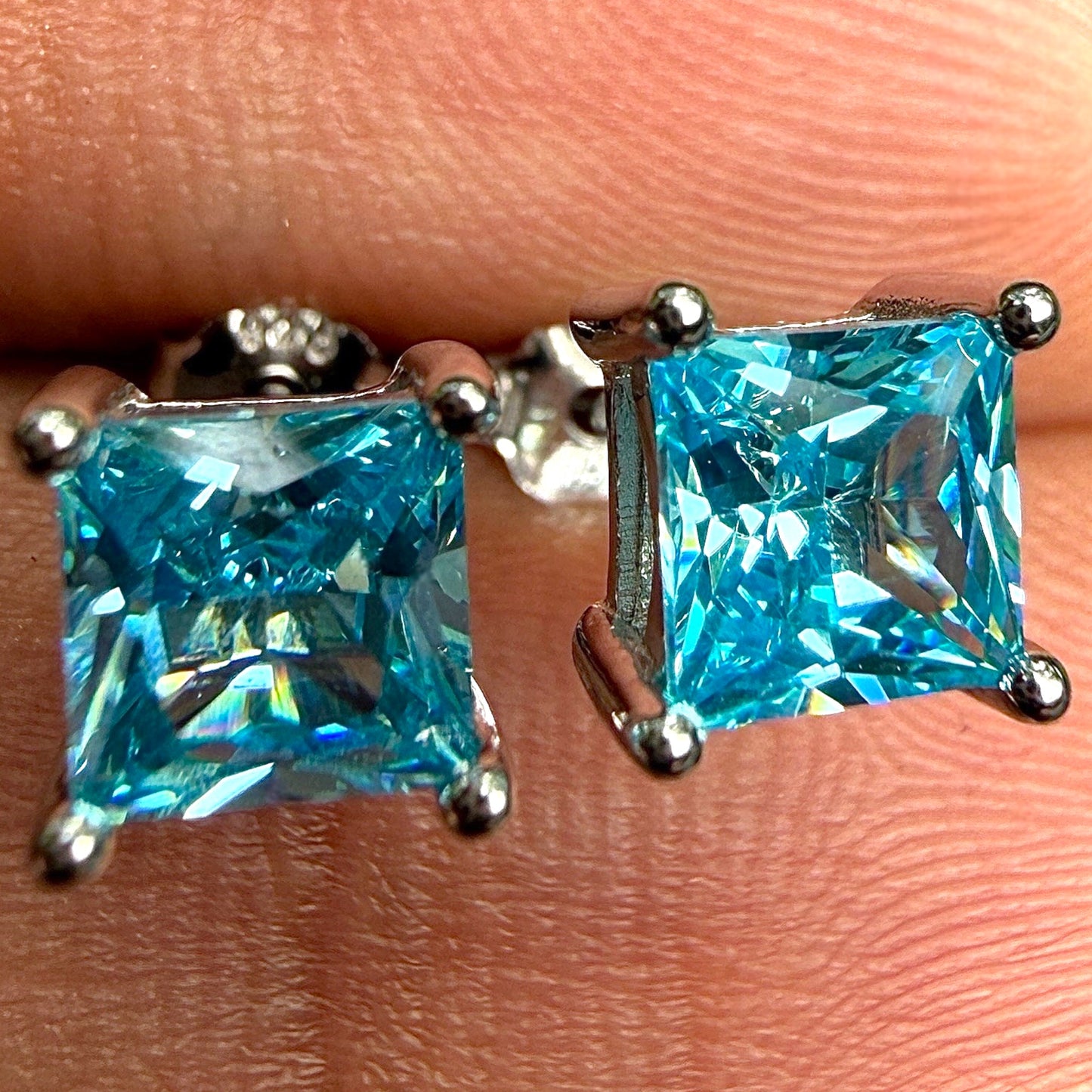 Aquamarine Stud Earrings 5mm 925 Sterling Silver Princess Cut