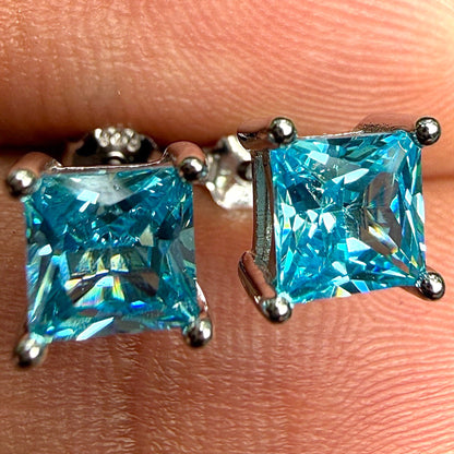 Aquamarine Stud Earrings 5mm 925 Sterling Silver Princess Cut