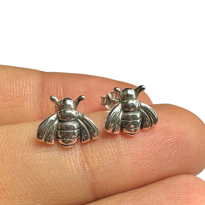 Sterling Silver Bee Stud Earrings — 925 Oxidized Vintage Bee 9mm