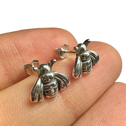 Sterling Silver Bee Stud Earrings — 925 Oxidized Vintage Bee 9mm