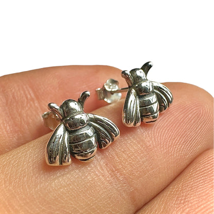 Sterling Silver Bee Stud Earrings — 925 Oxidized Vintage Bee 9mm