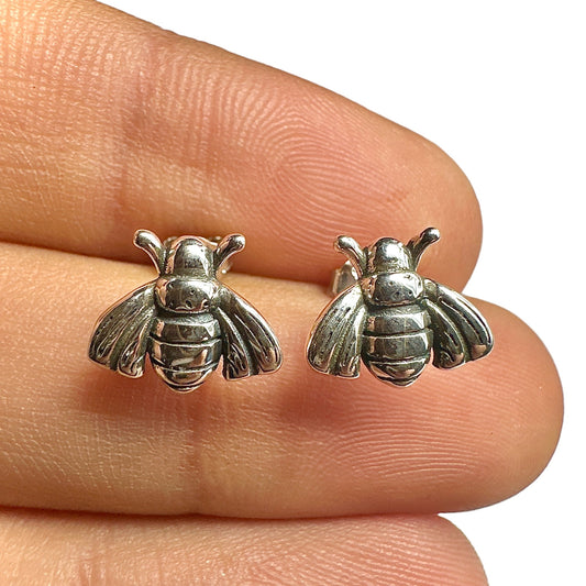 Sterling Silver Bee Stud Earrings — 925 Oxidized Vintage Bee 9mm