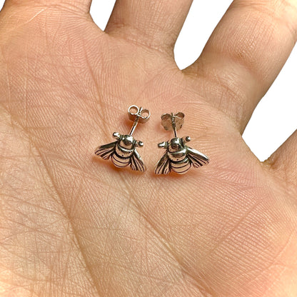 Sterling Silver Bee Stud Earrings — 925 Oxidized Vintage Bee 9mm