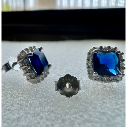 Blue Sapphire & White Topaz Stud Earrings for Women 925 Sterling Silver - leoshopdeals