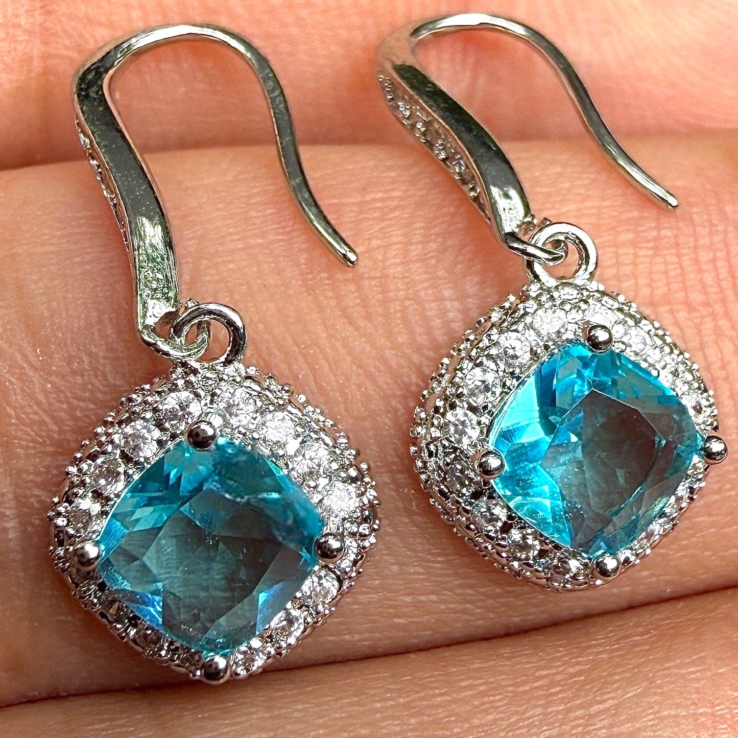 Blue Zircon Drop Earrings 6mm Brass Halo Dangle