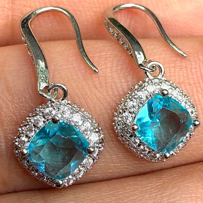 Blue Zircon Drop Earrings 6mm Brass Halo Dangle