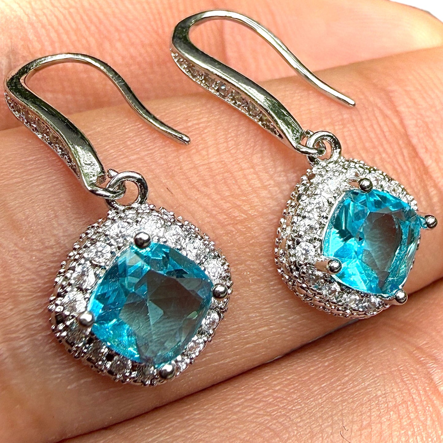 Blue Zircon Drop Earrings 6mm Brass Halo Dangle