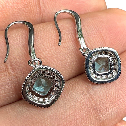 Blue Zircon Drop Earrings 6mm Brass Halo Dangle