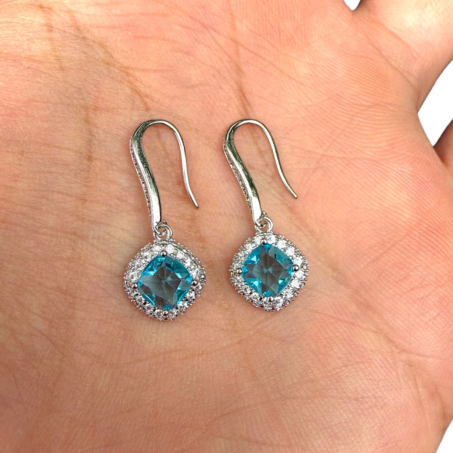 Blue Zircon Drop Earrings 6mm Brass Halo Dangle