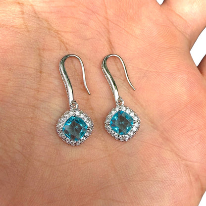 Blue Zircon Drop Earrings 6mm Brass Halo Dangle