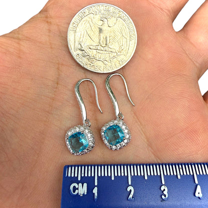 Blue Zircon Drop Earrings 6mm Brass Halo Dangle
