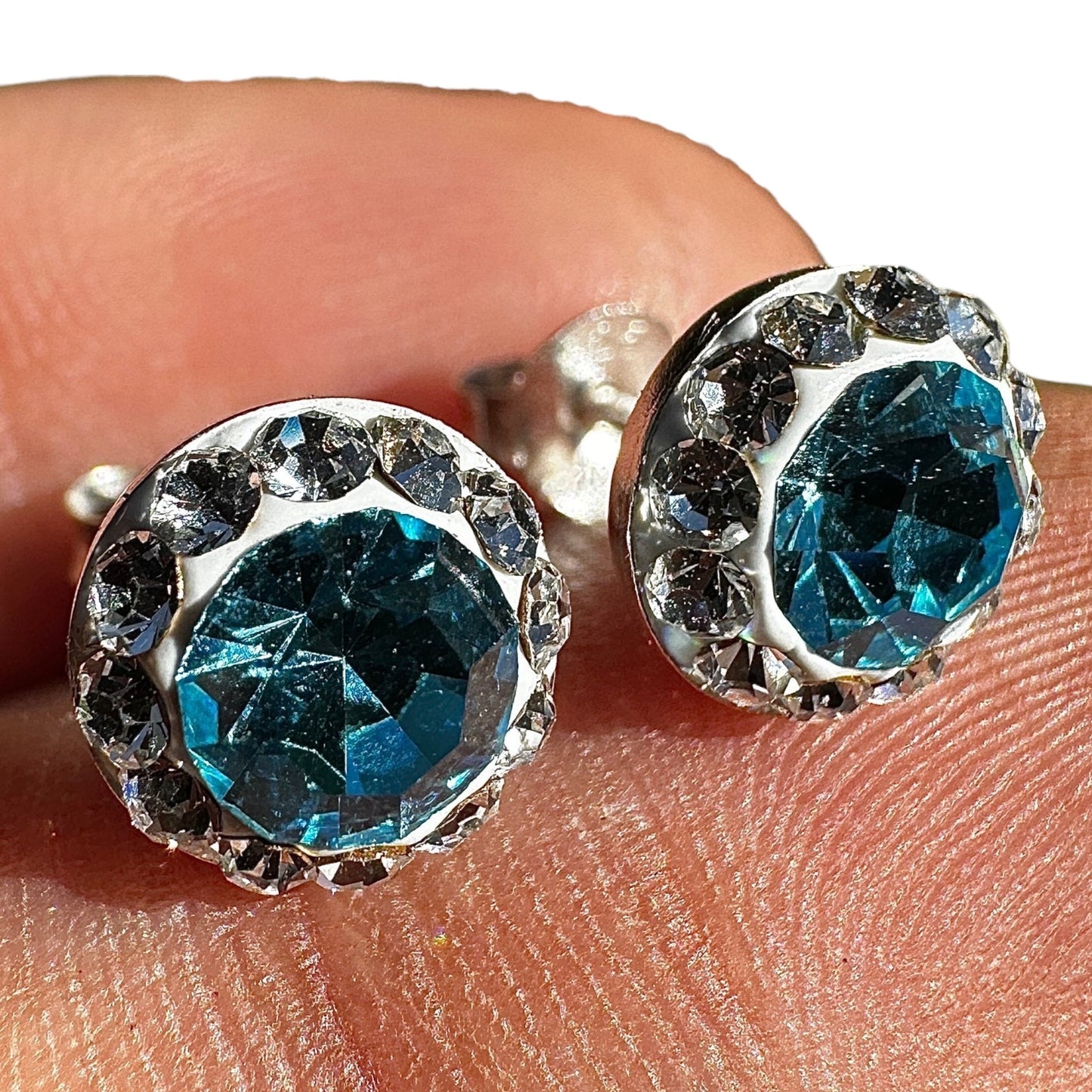 Crystal Stud Earrings 9mm Sterling Silver Blue Halo