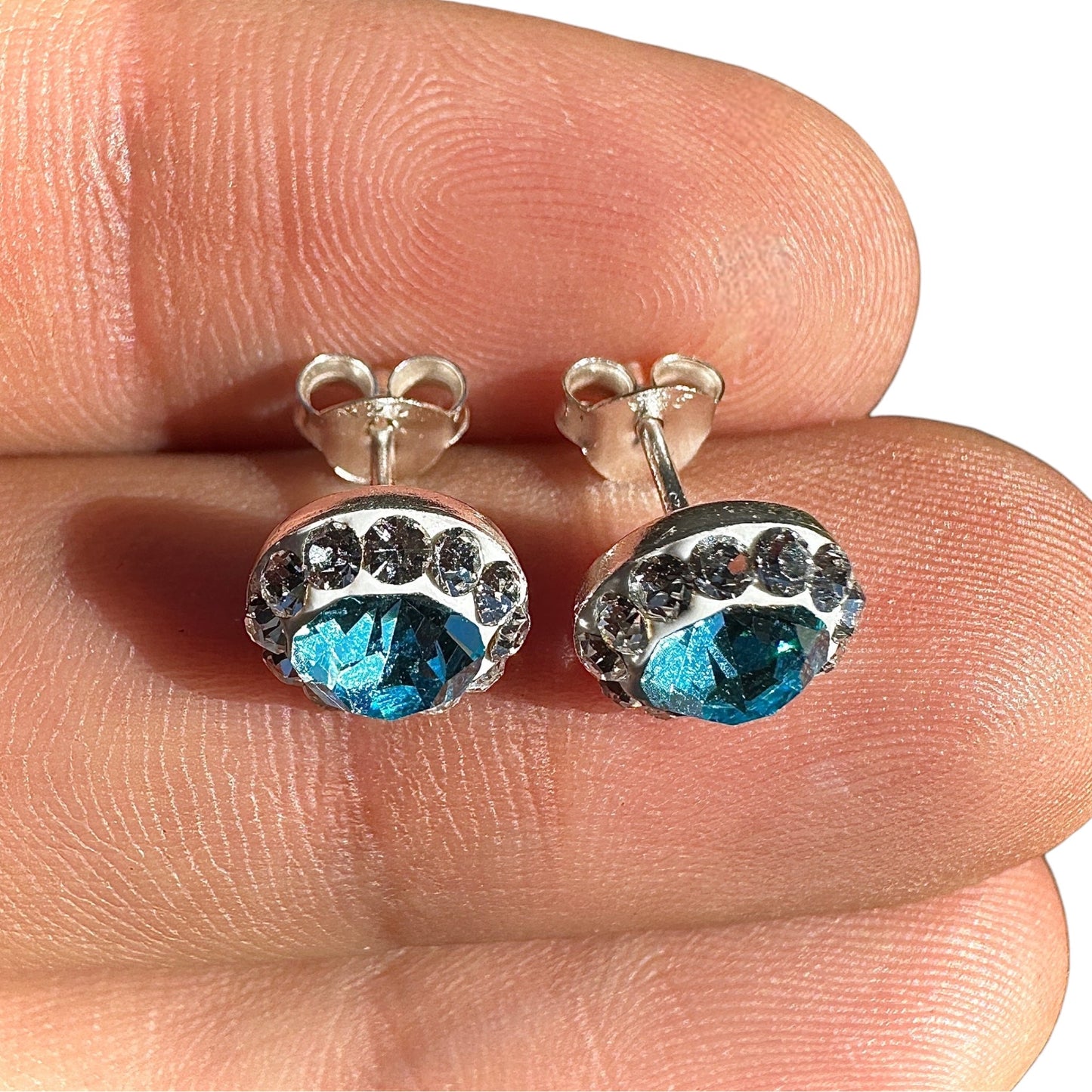 Crystal Stud Earrings 9mm Sterling Silver Blue Halo