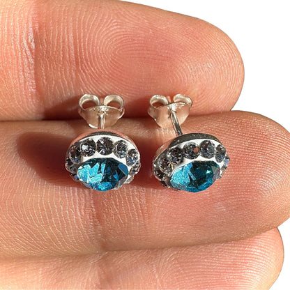 Crystal Stud Earrings 9mm Sterling Silver Blue Halo