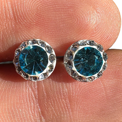 Crystal Stud Earrings 9mm Sterling Silver Blue Halo