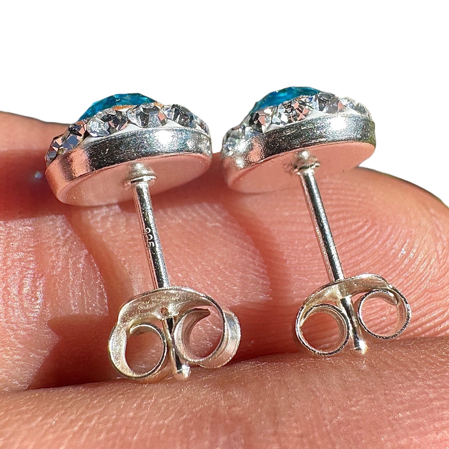 Crystal Stud Earrings 9mm Sterling Silver Blue Halo