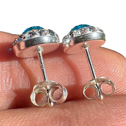 Crystal Stud Earrings 9mm Sterling Silver Blue Halo