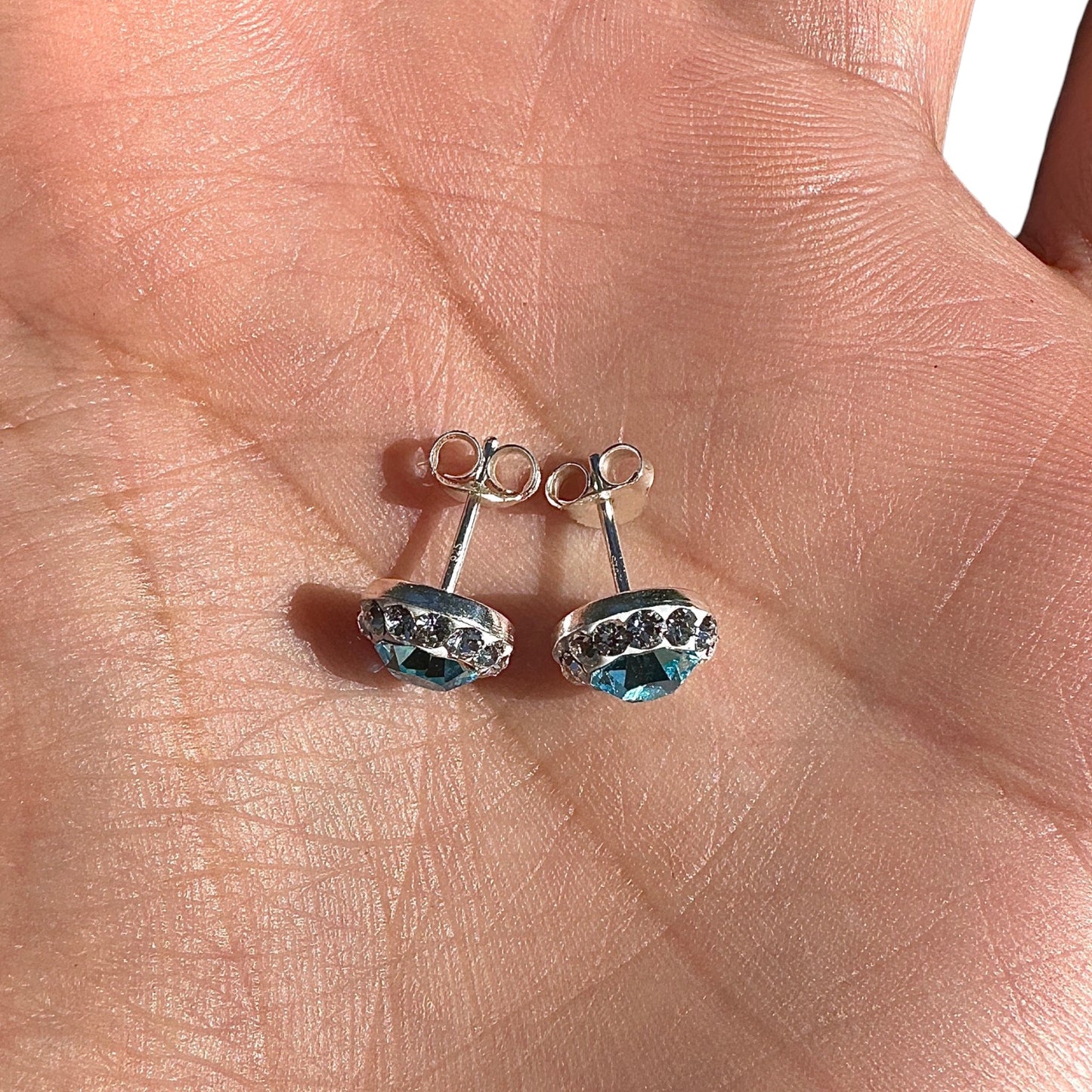 Crystal Stud Earrings 9mm Sterling Silver Blue Halo
