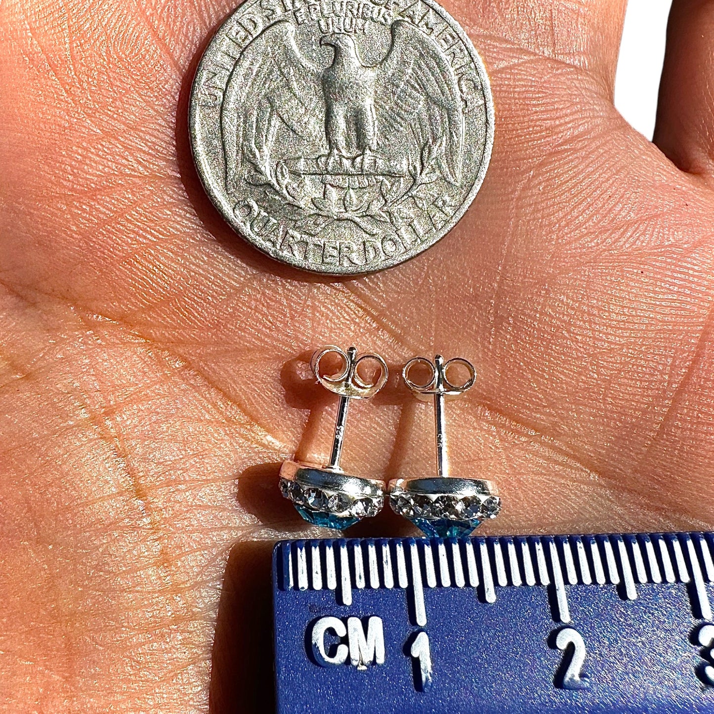Crystal Stud Earrings 9mm Sterling Silver Blue Halo