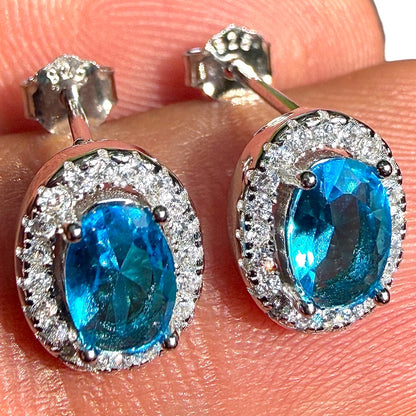Blue Topaz CZ Stud Earrings in 925 Sterling Silver, 10x7mm Oval Halo
