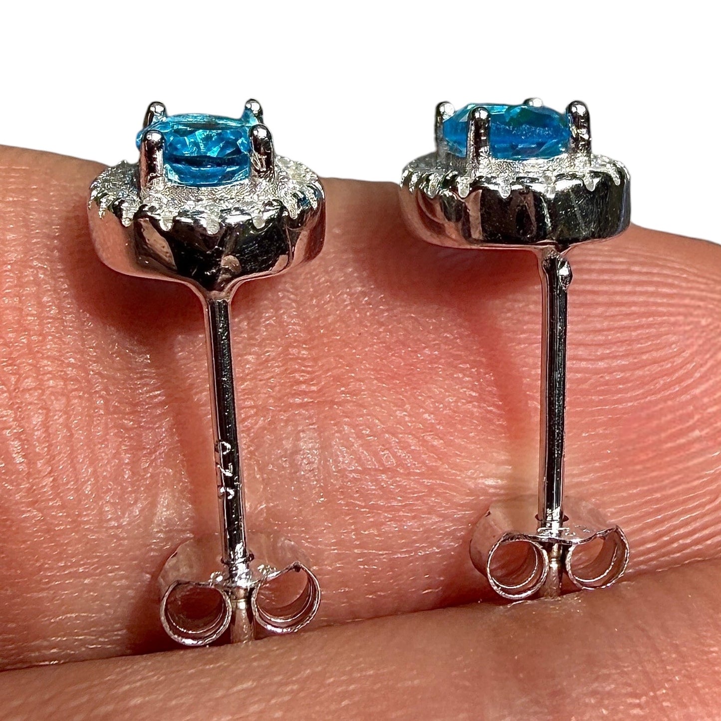 Blue Topaz CZ Stud Earrings in 925 Sterling Silver, 10x7mm Oval Halo